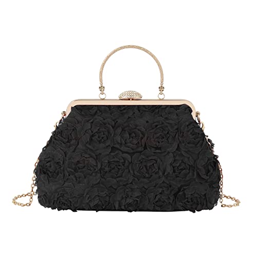 MilyaDE Damen Clutch Blumen Elegante Brauttasche Hochzeit Party Kleidertasche Abendtasche Handtasche mit Kette Handgriff Kiss Lock, Schwarz von MilyaDE