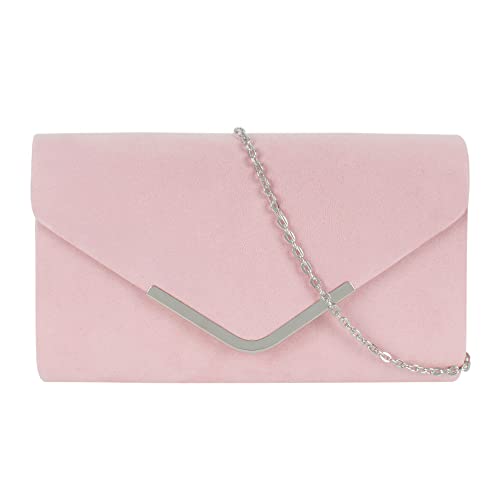 MilyaDE Damen Clutch Kunst Wildleder Abendtasche Envelope Umschlag Braut Handtasche Hochzeit Party Unterarmtasche Umhängetasche Schultertasche mit Ketten Gurt, Rosa von MilyaDE