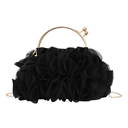 MilyaDE Damen Clutch Satin Blumen Elegante Brauttasche Hochzeit Party Kleidertasche Abendtasche Handtasche mit Kette Kiss Lock, Schwarz von MilyaDE