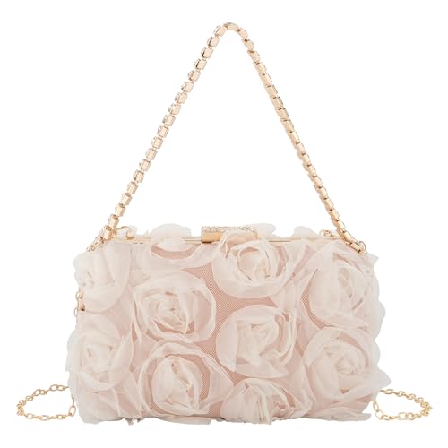 MilyaDE Damen Clutch Tasche Chiffon Blumen Brauttasche Hochzeit Handtasche Henkeltasche Abendtasche mit Strass Henkel Kette, Champagnerfarben von MilyaDE