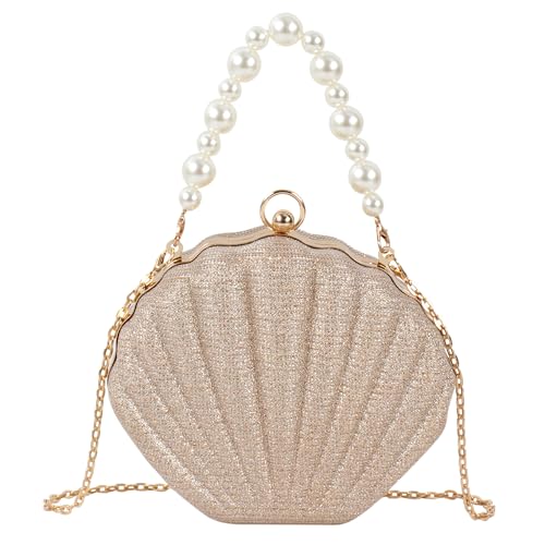 MilyaDE Damen Glitzer Muschel Clutch Acrylic Paillette Geldbörse Schultertasche Umhängetaschen Handtasche mit Perlen Metal Ketten 19,5 * 6 * 16,5cm, Gold von MilyaDE