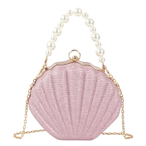 MilyaDE Damen Glitzer Muschel Clutch Acrylic Paillette Geldbörse Schultertasche Umhängetaschen Handtasche mit Perlen Metal Ketten 19,5 * 6 * 16,5cm, Rosa von MilyaDE