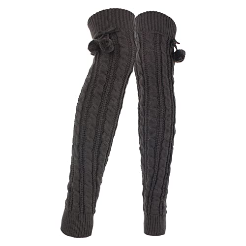 MilyaDE Damen Lange Winter Gestrickte Stulpen mit Pompon, Beinwärmer Overknee Strümpfe Legwarmers Beinstulpen Kniestrümpfe, Grau von MilyaDE