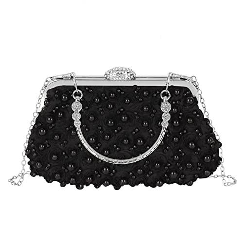 MilyaDE Damen Perlen Blumen Clutch Strass Hochzeit Braut Brautjungfer Handtasche Party Abendtasche Umhängetasche mit Handgriff Kette Gurt, Schwarz von MilyaDE