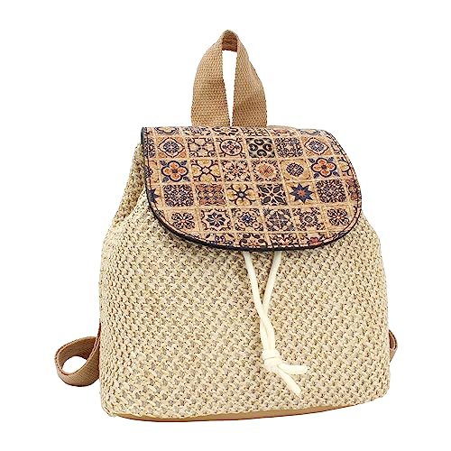 MilyaDE Stroh Rucksack Strandtasche Handarbeit Daypack Kordelzug Böhmische Schultertasche für Frauen Reisen Urlaub, Khaki von MilyaDE