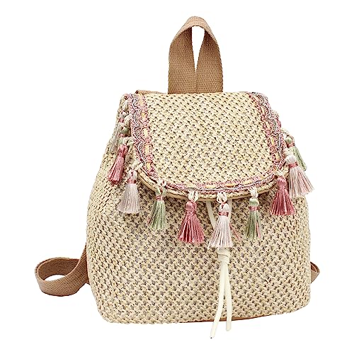 MilyaDE Stroh Rucksack Strandtasche Handarbeit Daypack Kordelzug Böhmische Schultertasche für Frauen Reisen Urlaub, Quasten Khaki von MilyaDE