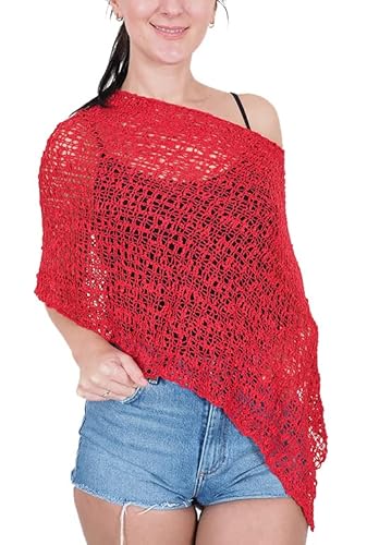 Mimosa Damen Schlichtes Stretch-Fischnetz häkeln Fledermaus Kleiner Poncho im Popcorn-Stil Stricken (One Size, Red) von Mimosa