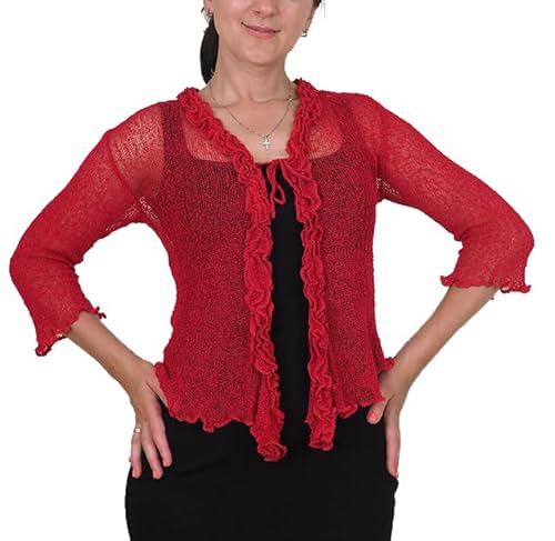 Mimosa Damen-Strickjacke mit Rüschen, Stretch, Fischnetz, Bolero, kirschrot, One size von Mimosa