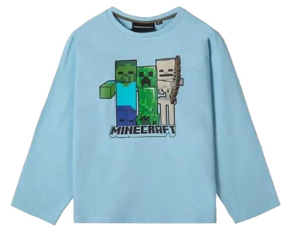 Minecraft Langarmshirt MINECRAFT Langarm T-Shirt Kinder Sweater Sweatshirt Pullover Jungen + Mädchen Sky + Gray Gr. 116 128 134 140 152 für 6 7 8 9 10 12 Jahre von Minecraft