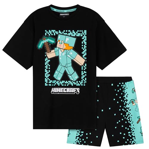 Minecraft Schlafanzug Jungen Kurz, Pyjama Set mit T-Shirt & Schlafshorts (Schwarz/Blau, 13-14 Jahre) von Minecraft