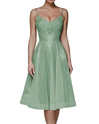 Minetom Abendkleider Damen V-Ausschnitt Neckholder Backless Blickwinkel Kleider A-Linie Spaghetti Knielang Abschlusskleid Dress Hochzeit Abendparty Prinzessin Brautjungfer Kleid A Grün XS von Minetom