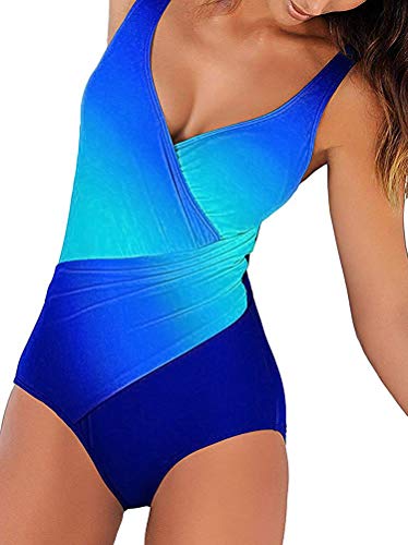 Minetom Badeanzug Damen Push Up Bademode Figurformend Bandeau Große Größen Rückfrei S-XXL Grün Blau DE 38 von Minetom