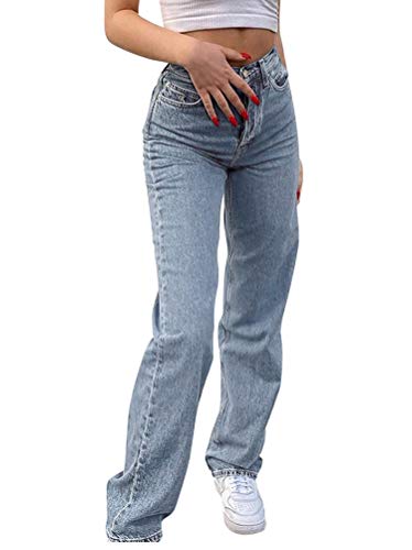 Minetom Baggy Jeans Damen High Waist Straight Jeans Freizeit Loose Gerade Hosen Bootcut Jeanshosen Jeans Vintage Hose mit Weitem Bein E Blau XL von Minetom