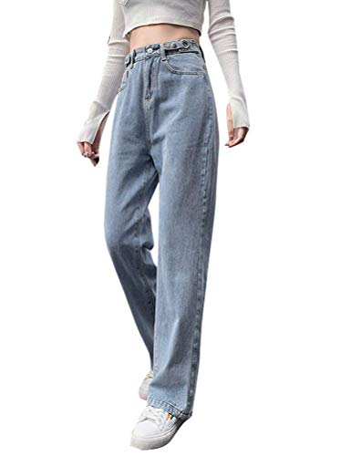 Minetom Baggy Jeans Damen High Waist Straight Jeans Freizeit Loose Gerade Hosen Bootcut Jeanshosen Jeans Vintage Hose mit Weitem Bein H Blau S von Minetom