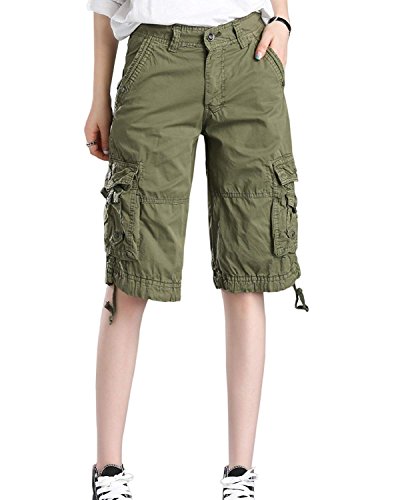 Minetom Bermuda Cargo Shorts Damen Knielang Sommer Kurze Hose Frauen Lose Stretch Boyfriend Knopfleiste Tasche Stoffhose Leinenhose Freizeithose Große Größen Armeegrün Large von Minetom