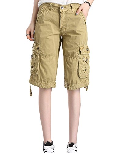 Minetom Bermuda Cargo Shorts Damen Knielang Sommer Kurze Hose Frauen Lose Stretch Boyfriend Knopfleiste Tasche Stoffhose Leinenhose Freizeithose Große Größen Khaki XX-Large von Minetom