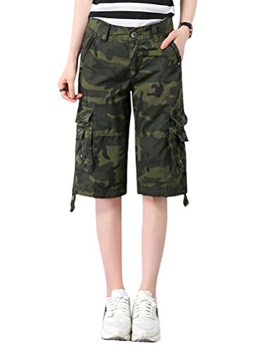 Minetom Bermuda Cargo Shorts Damen Knielang Sommer Kurze Hose Frauen Lose Stretch Boyfriend Knopfleiste Tasche Tarnung Stoffhose Freizeithose Große Größen Y1 Armeegrün L von Minetom