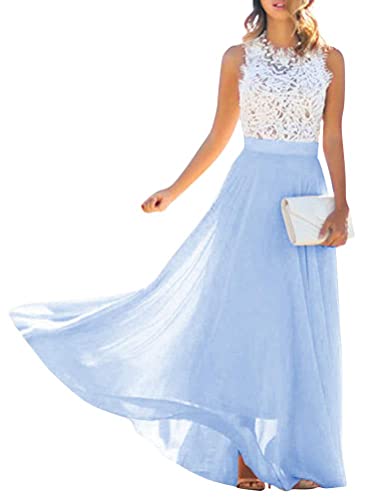 Minetom Blau Weiße Spitze Drapierte Rundhals Ärmellos Elegante Maxikleid Mode Abendkleid Ballkleid B Blau 34 von Minetom