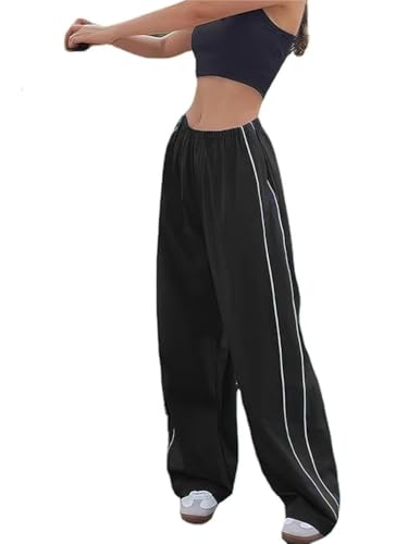 Minetom Cargohose Damen Baggy Pants Low Waist Hose Niedriger Taille Y2K Freizeithose mit Kordelzug Elastische Vintage Oversize Lose Breite Trousers 90er E-Girl Streetwear B Schwarz XS von Minetom