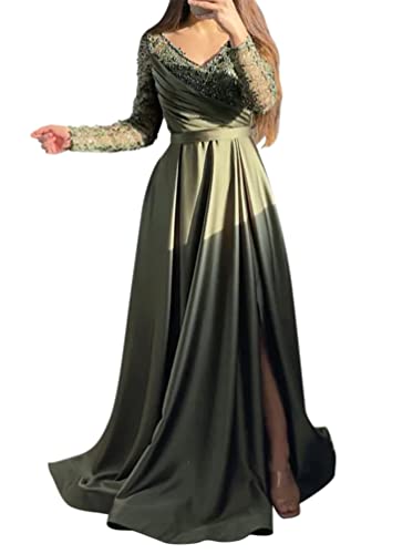 Minetom Cocktailkleider Damen Elegant Spitzenkleid Hochzeitskleid Festliches Kleid Lang Abend Party Ballkleid Brautjungfer Langarm V-Ausschnitt Maxikleid A Grün L von Minetom