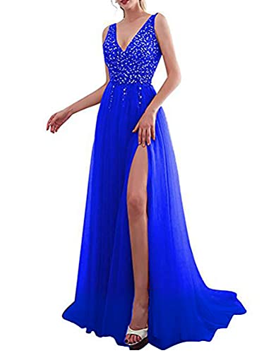 Minetom Cocktailkleider Damen Hochzeitskleid Frauen Festliches Kleid Glänzend Pailletten Elegant Lang Abend Party Ballkleid Brautjungfer V-Ausschnitt Split Maxikleid C Blau XL von Minetom