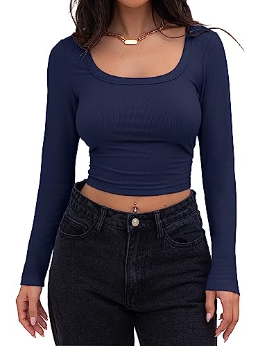 Minetom Crop Top Damen Strick Crop T-Shirt Bauchfrei Gestricktes Oberteile Quadratischem Kragen Langarmshirt Basic Cropped Tops Teenager Mädchen Sexy Elegant Streetwear A Marineblau XS von Minetom