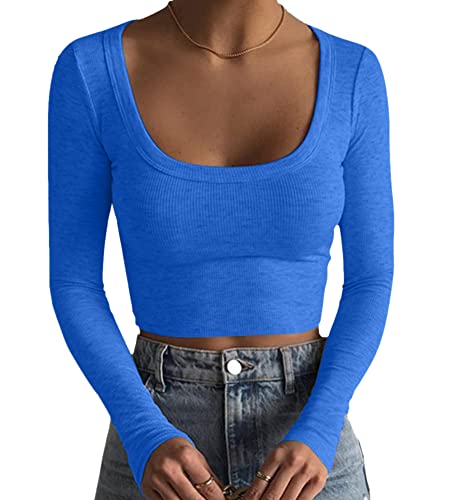 Minetom Crop Tops Damen Strick Crop T-Shirt Bauchfrei Oberteile Quadratischem Kragen Langarmshirt Cropped Top Basic Pullover Langarm Shirts Teenager Mädchen Sexy Elegant Streetwear A Blau XS von Minetom