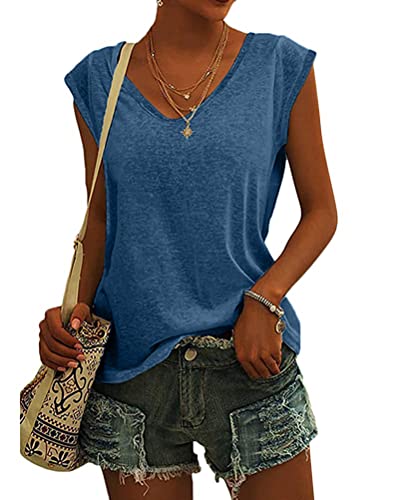 Minetom Damen Ärmellos T-Shirt V-Ausschnitt Elegant Flügelärmeln Oberteile Bluse Sommer Casual Lose Shirts Basic Einfarbige Tops Klamotten Tank Top Frauen Schwarz Weiß Grau Kleidung A Blau M von Minetom