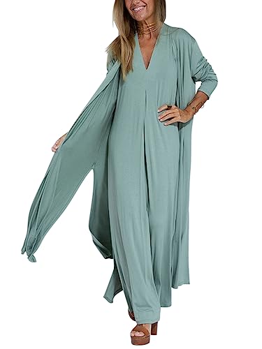 Minetom Damen Ärmellos V-Ausschnitt Kleider Mit Lange Cardigan Boho Sommerkleid Mit Schlitz Maxikleid Strandkleid Partykleid Abendkleid Cocktailkleid A Grün XXL von Minetom