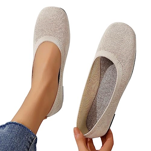 Minetom Damen Ballerina Slip On Schuhe rutschfest Stricken Sneaker Bequem Atmungsaktiv Sommer Sportlich Frauen Flache Schuhe Komfort Flats Schuhe B Beige 39 EU von Minetom