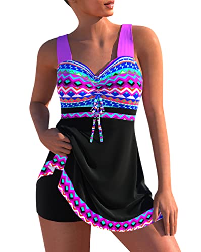 Minetom Damen Bauchweg Bademode Tankini Set Zweiteilig Push Up Badeanzug Strand Schwimmanzug Swimwear Bikini Badekleid Shorts E Schwarz M von Minetom