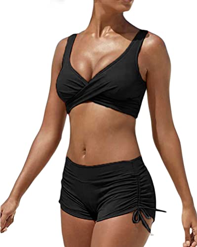 Minetom Damen Bikini Set Zweiteiliger Badeanzug Bademode Push Up Bikini und Hotpants Träger Oberteil Kordelzug Side Bikinihose Shorts A Schwarz L von Minetom