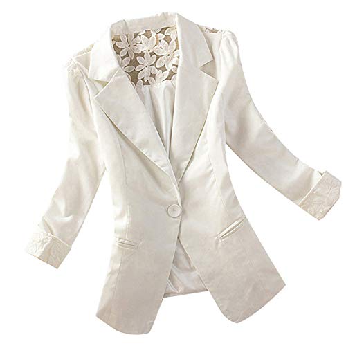 Minetom Damen Blazer Elegant Anzugjacke Mantel mit Knopfleiste Langarm Blazer Sakko Einfarbig Slim Fit Revers Geschäft Büro Jacke Kurz Mantel Anzüge Bolero mit Tasche Weiß 34 von Minetom