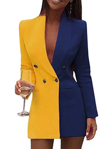 Minetom Damen Blazer Kleid Frauen Langarm V-Ausschnitt Hemdkleid Business Lange Knopf Anzug Spleißen Minikleider Gelb 38 von Minetom