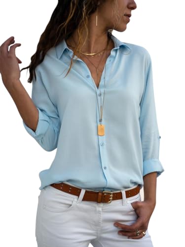 Minetom Damen Bluse Chiffon Elegant Langarm Oberteile Einfarbig V-Ausschnitt Hemdbluse Casual Hemd Lose Asymmetrisch T-Shirt Top Hellblau DE 34 von Minetom