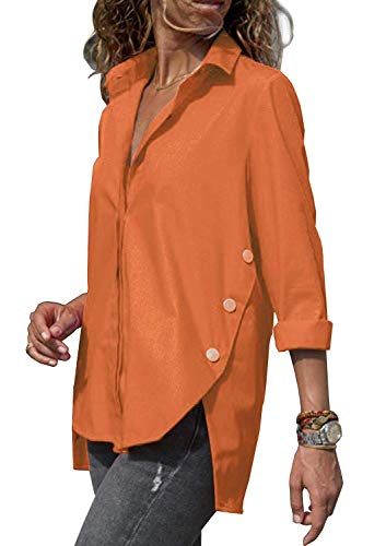 Minetom Damen Bluse Elegant Langarm Oberteile Einfarbig V-Ausschnitt Hemdbluse Asymmetrisch Knopf Chiffon T-Shirt Tops Orange DE 46 von Minetom