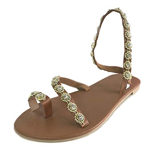 Minetom Damen Böhmen Flache Badesandale Sandalen Boho Strass Clip Toe Flip Flop Zehentrenner Schuhe Übergröße Sommerschuhe Strandschuhe Pantoletten D Braun 42 EU von Minetom