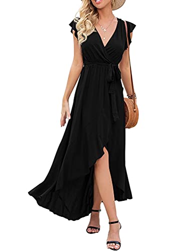 Minetom Damen Boho Lange Kleider V-Ausschnitt Sommerkleider Kurzarm Wickelkleid Maxikleid Strandkleid Mit Schlit B Schwarz XL von Minetom