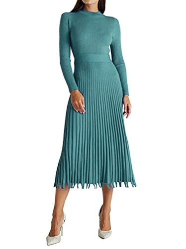 Minetom Damen Cocktail Festlich Hochzeit Party Kleid Langarm Winter Pullover Strickkleid Sweatkleid Elegant Midi Plissee Abendkleid Grün 36 von Minetom