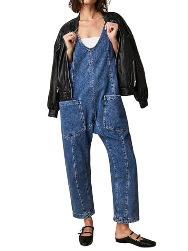 Minetom Damen Denim Latzhose Straight Leg Jeans V-Ausschnitt Overalls Mit Taschen Boyfriend Jean Teenager Jumpsuits Sommeroverall Jeanshose A Blau L von Minetom