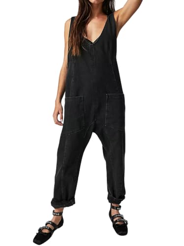 Minetom Damen Denim Latzhose Straight Leg Jeans V-Ausschnitt Overalls Mit Taschen Boyfriend Jean Teenager Jumpsuits Sommeroverall Jeanshose A Schwarz L von Minetom