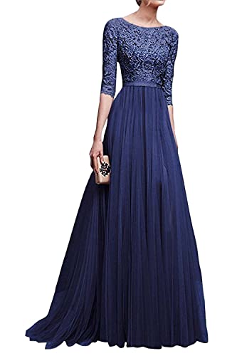 Minetom Damen Elegant 3/4 Ärmel Kurzarm Brautjungfern Kleid Floral Spitzen Abendkleid Dress Maxikleid Lang Tüllkleid Ballkleid Cocktail Hochzeit Blau DE 44 von Minetom