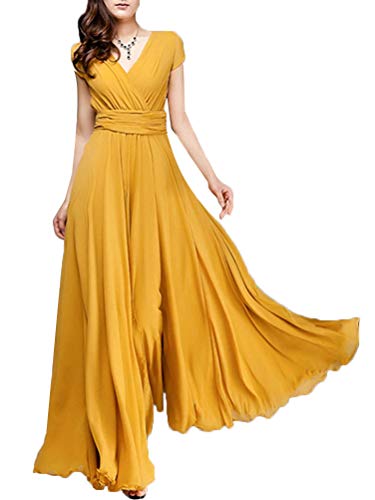 Minetom Damen Elegant Chiffon Maxi Kleid Hohe Taille Langes Abendkleid Partykleid Hochzeit Brautjungfer Brautkleid Cocktail Festliches Kleid Boho V-Ausschnitt Kurzarm Sommerkleid Gelb 34 von Minetom