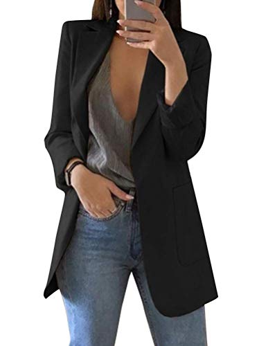 Minetom Damen Elegant Langarm Blazer Sakko Einfarbig Slim Fit Revers Geschäft Büro Jacke Kurz Mantel Anzüge Bolero mit Tasche (DE 34, A Schwarz) von Minetom