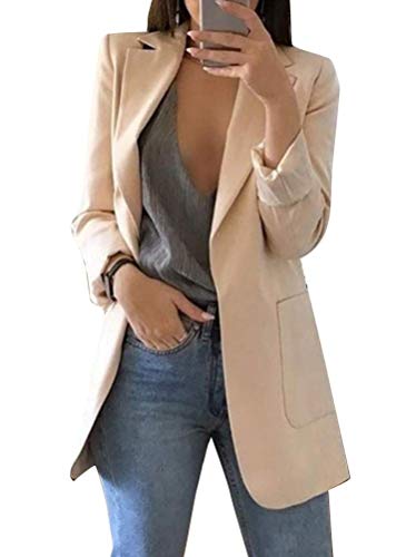 Minetom Damen Elegant Langarm Blazer Sakko Einfarbig Slim Fit Revers Geschäft Büro Jacke Kurz Mantel Anzüge Bolero mit Tasche A Aprikose DE 34 von Minetom