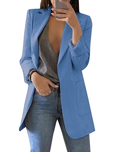 Minetom Damen Elegant Langarm Blazer Sakko Einfarbig Slim Fit Revers Geschäft Büro Jacke Kurz Mantel Anzüge Bolero mit Tasche A Blau DE 38 von Minetom