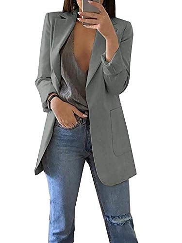 Minetom Damen Elegant Langarm Blazer Sakko Einfarbig Slim Fit Revers Geschäft Büro Jacke Kurz Mantel Anzüge Bolero mit Tasche A Grau DE 40 von Minetom