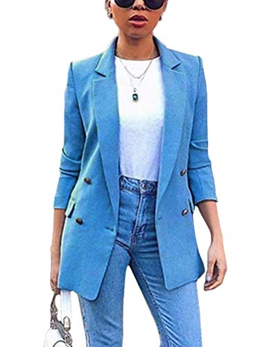 Minetom Damen Elegant Langarm Blazer Sakko Einfarbig Slim Fit Revers Geschäft Büro Jacke Kurz Mantel Anzüge Bolero mit Tasche Blau 38 von Minetom