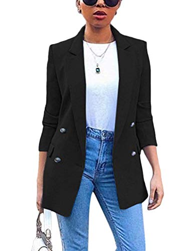 Minetom Damen Elegant Langarm Blazer Sakko Einfarbig Slim Fit Revers Geschäft Büro Jacke Kurz Mantel Anzüge Bolero mit Tasche Schwarz 42 von Minetom