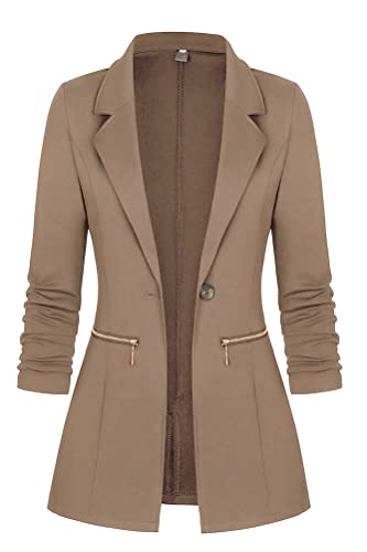 Minetom Damen Elegant Langarm Blazer Sakko Knopf Slim Fit Revers Geschäft Büro Jacke Reißverschluss Mantel Anzüge Bolero Braun S von Minetom